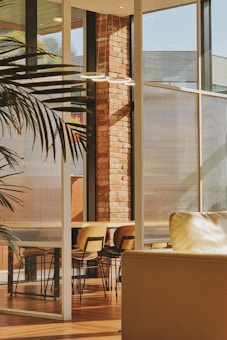 The image captures a modern interior space with large glass windows and a brick wall. There are several wooden chairs arranged around a table, and a leather couch is partially visible in the foreground. A large potted plant is positioned to the left, adding greenery to the scene. Natural light streams into the room, casting shadows and creating a warm, inviting atmosphere.