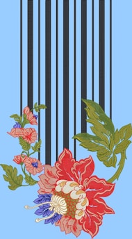 An ornate floral embroidery design features large red, blue, pink, and green flowers intertwined with leaves and vertical black stripes on a light blue background.