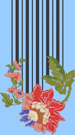 An ornate floral embroidery design features large red, blue, pink, and green flowers intertwined with leaves and vertical black stripes on a light blue background.