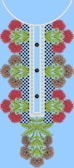 An intricate embroidery design featuring red and brown flowers with green leaves arranged symmetrically along a central panel with a checkered and lace pattern. Three black buttons are evenly spaced down the center against a light blue background.
