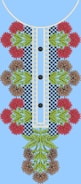 An intricate embroidery design featuring red and brown flowers with green leaves arranged symmetrically along a central panel with a checkered and lace pattern. Three black buttons are evenly spaced down the center against a light blue background.