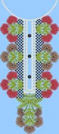 An intricate embroidery design featuring red and brown flowers with green leaves arranged symmetrically along a central panel with a checkered and lace pattern. Three black buttons are evenly spaced down the center against a light blue background.