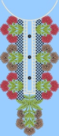 An intricate embroidery design featuring red and brown flowers with green leaves arranged symmetrically along a central panel with a checkered and lace pattern. Three black buttons are evenly spaced down the center against a light blue background.