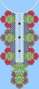 An intricate embroidery design featuring red and brown flowers with green leaves arranged symmetrically along a central panel with a checkered and lace pattern. Three black buttons are evenly spaced down the center against a light blue background.