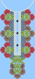 An intricate embroidery design featuring red and brown flowers with green leaves arranged symmetrically along a central panel with a checkered and lace pattern. Three black buttons are evenly spaced down the center against a light blue background.