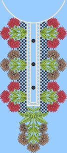 An intricate embroidery design featuring red and brown flowers with green leaves arranged symmetrically along a central panel with a checkered and lace pattern. Three black buttons are evenly spaced down the center against a light blue background.