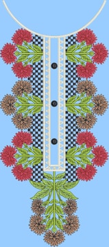 An intricate embroidery design featuring red and brown flowers with green leaves arranged symmetrically along a central panel with a checkered and lace pattern. Three black buttons are evenly spaced down the center against a light blue background.