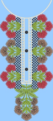 An intricate embroidery design featuring red and brown flowers with green leaves arranged symmetrically along a central panel with a checkered and lace pattern. Three black buttons are evenly spaced down the center against a light blue background.