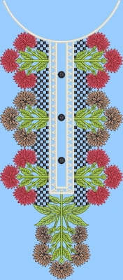 An intricate embroidery design featuring red and brown flowers with green leaves arranged symmetrically along a central panel with a checkered and lace pattern. Three black buttons are evenly spaced down the center against a light blue background.