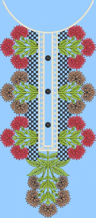 Elegant black doudoune with intricate agricultural-themed embroidery in white and blue threads.