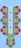 An intricate embroidery design featuring red and brown flowers with green leaves arranged symmetrically along a central panel with a checkered and lace pattern. Three black buttons are evenly spaced down the center against a light blue background.