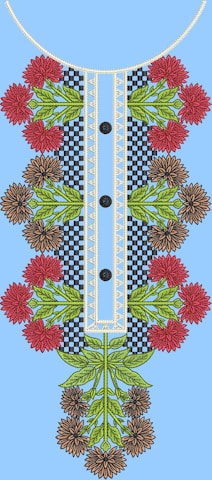 An intricate embroidery design featuring red and brown flowers with green leaves arranged symmetrically along a central panel with a checkered and lace pattern. Three black buttons are evenly spaced down the center against a light blue background.