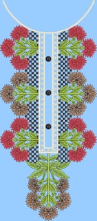 An intricate embroidery design featuring red and brown flowers with green leaves arranged symmetrically along a central panel with a checkered and lace pattern. Three black buttons are evenly spaced down the center against a light blue background.