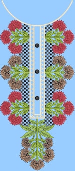 An intricate embroidery design featuring red and brown flowers with green leaves arranged symmetrically along a central panel with a checkered and lace pattern. Three black buttons are evenly spaced down the center against a light blue background.