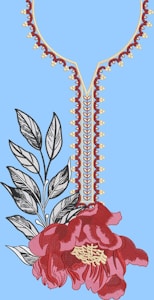 A stylized embroidery design featuring a large red flower with intricate stitching and detailing. The flower is accompanied by several monochrome leaves in black and white. An elaborate ornamental border in red and yellow runs vertically, adding an elegant touch.