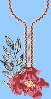 A stylized embroidery design featuring a large red flower with intricate stitching and detailing. The flower is accompanied by several monochrome leaves in black and white. An elaborate ornamental border in red and yellow runs vertically, adding an elegant touch.