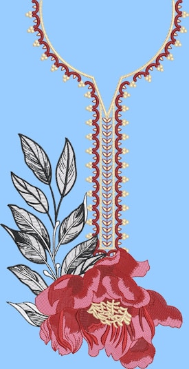 A stylized embroidery design featuring a large red flower with intricate stitching and detailing. The flower is accompanied by several monochrome leaves in black and white. An elaborate ornamental border in red and yellow runs vertically, adding an elegant touch.