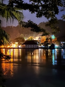 A serene nighttime scene with soft glowing lights reflecting a calm, healthy lifestyle.