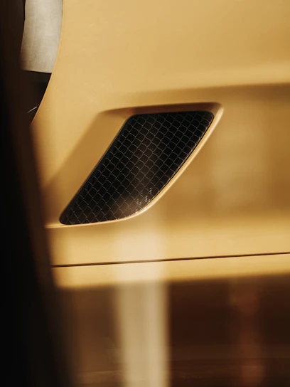 A close-up of an antique gold accent on a sleek black luxury product, softly lit to highlight texture.