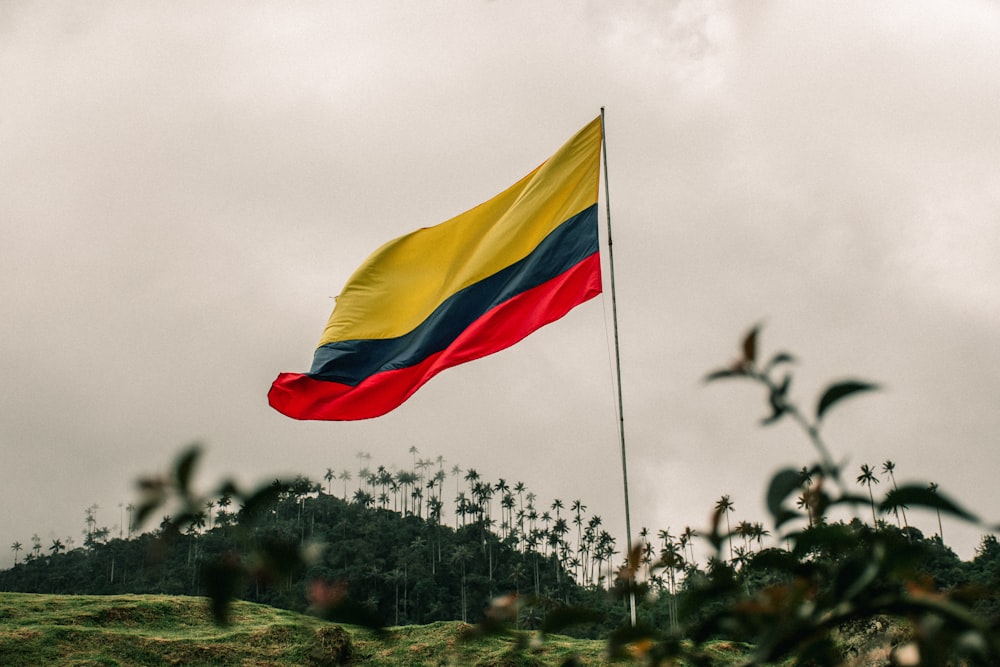 a flag flying in the wind on top of a hill