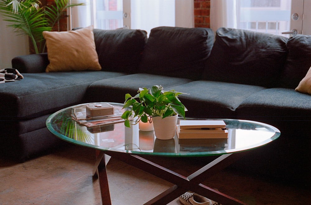 a living room with a couch and a table