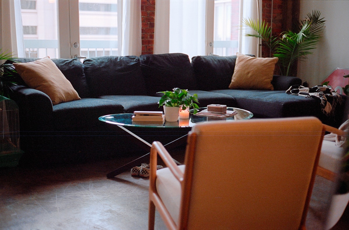 Cozy apartment living room with dark sectional sofa, glass coffee table, potted plant and candle as focal decor