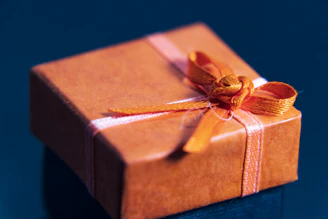 an orange wrapped gift box with a bow