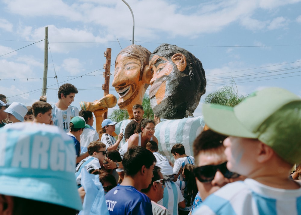 a large group of people standing around a float