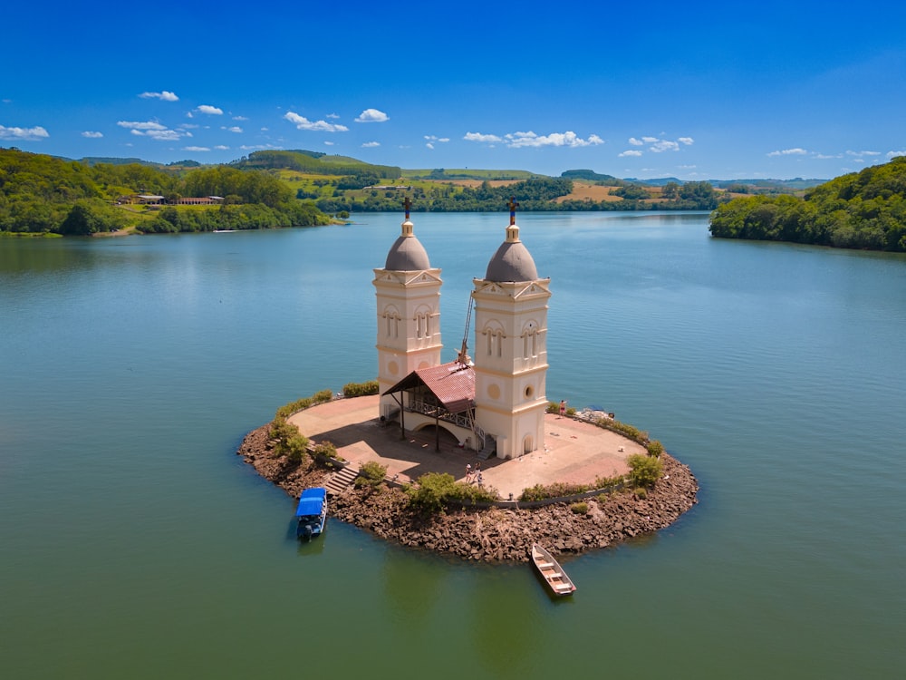 a small island in the middle of a lake