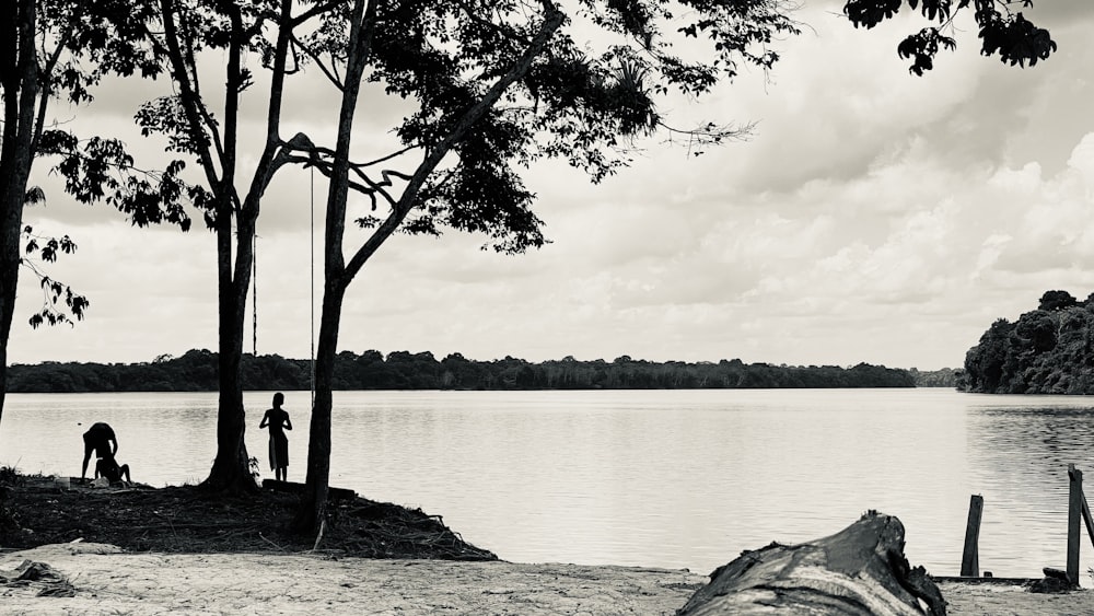a black and white photo of a person on a swing near a lake