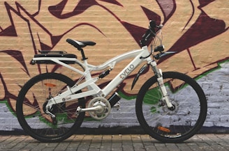 A white electric bicycle is parked against a brick wall with graffiti art. The bike features a sturdy frame, large black wheels, and a comfortable seat. The artwork on the wall is abstract with bold lines and shades of brown, green, and purple.
