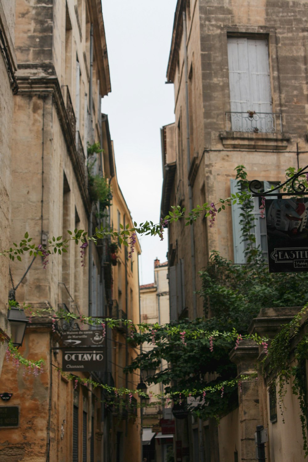 a narrow street with a few buildings on both sides