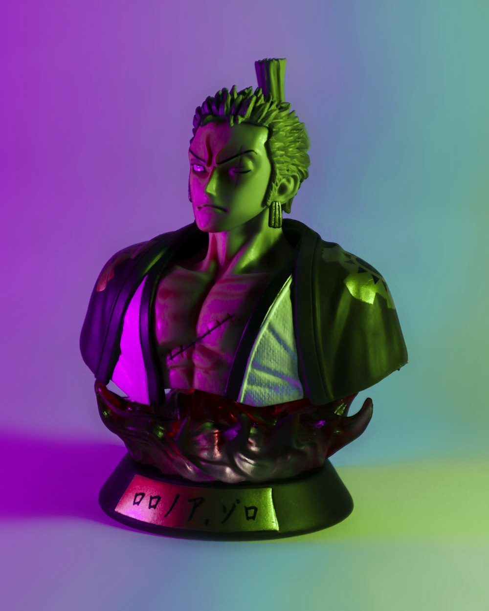 a statue of a man in a purple and green outfit