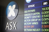 The image depicts a display board showing stock information, including stock names and bid values. The logo and letters 'ASX' are prominent on the left side, indicating a financial or stock exchange context.
