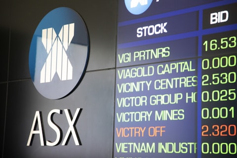The image depicts a display board showing stock information, including stock names and bid values. The logo and letters 'ASX' are prominent on the left side, indicating a financial or stock exchange context.