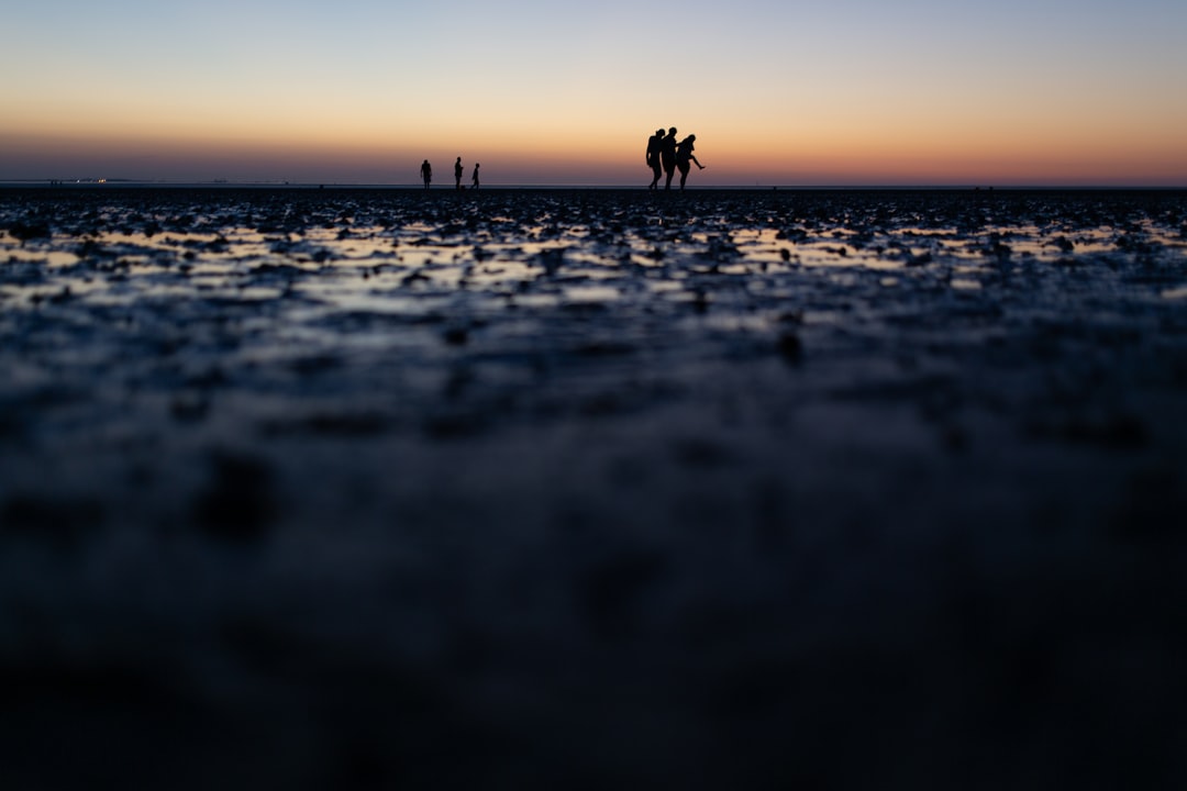 a group of people standing on top of a beach,