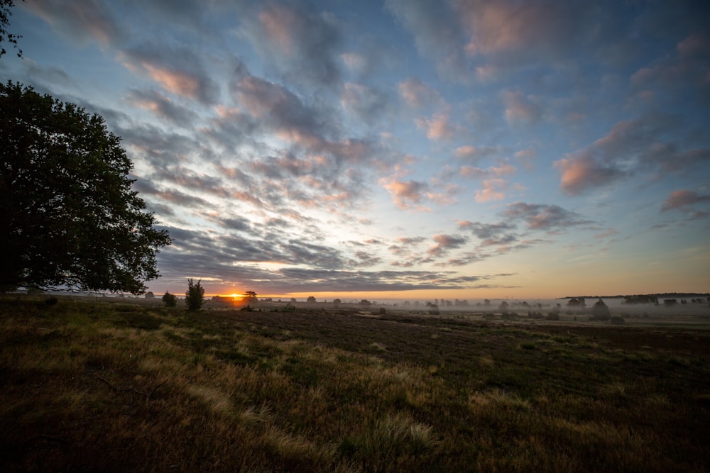 the sun is setting over a field with trees