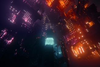 A futuristic cityscape dominated by neon lights and angular structures. The scene is filled with a complex array of luminous colors, primarily pinks, blues, and oranges, creating an otherworldly ambiance. Power lines crisscross the view, adding a sense of chaos and technological advancement.