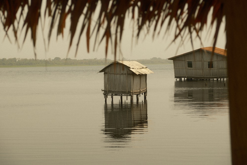 a couple of houses sitting on top of a body of water