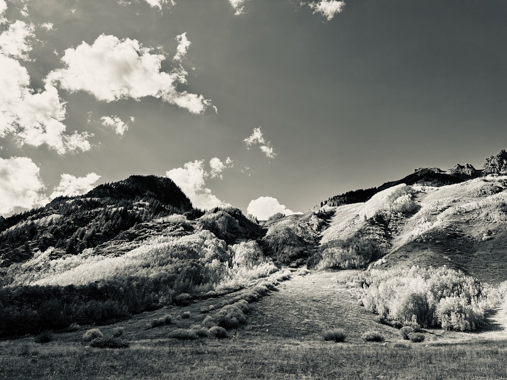 a black and white photo of a mountain range