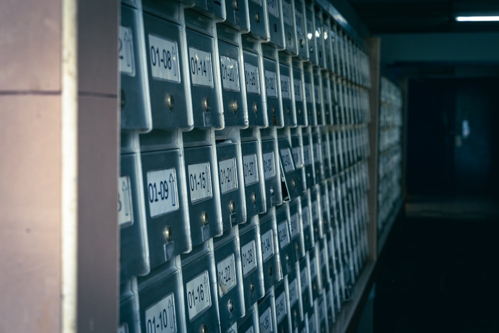 a bunch of boxes that are on a wall