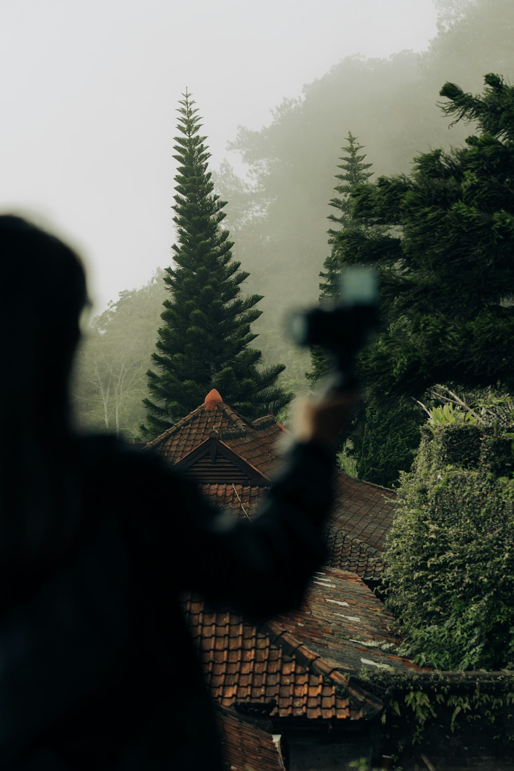a person taking a picture of a house in the fog