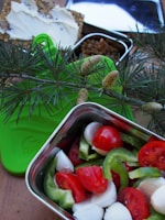 A close-up of a picnic-style meal featuring a metal container filled with fresh cherry tomatoes, green bell peppers, and mozzarella cheese. Nearby, there is a slice of crispbread with white cream cheese on a green cutting board. Some pine branches with cones add a rustic touch, and there's a glimpse of lentils in another container.