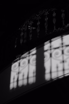Shadows of an ornate iron railing are cast against a wall. The intricate pattern of the railing features decorative swirls and vertical elements, creating a striking interplay of light and shadow.