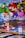 A colorful board game setup featuring small figurines of video game characters, a board with various spaces, plastic coins, and a dice. The background includes a blurred image of characters from the same video game franchise.