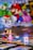 A colorful board game setup featuring small figurines of video game characters, a board with various spaces, plastic coins, and a dice. The background includes a blurred image of characters from the same video game franchise.
