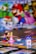 A colorful board game setup featuring small figurines of video game characters, a board with various spaces, plastic coins, and a dice. The background includes a blurred image of characters from the same video game franchise.