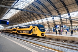 A modern yellow and blue double-decker train is stationed at a large, airy train station with a high, curved glass and metal roof. Several people are standing on the platform, some looking at the digital departure boards displaying information.