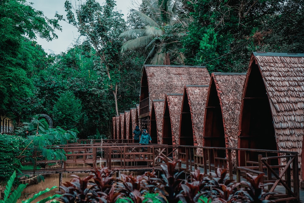a group of huts in the middle of a forest