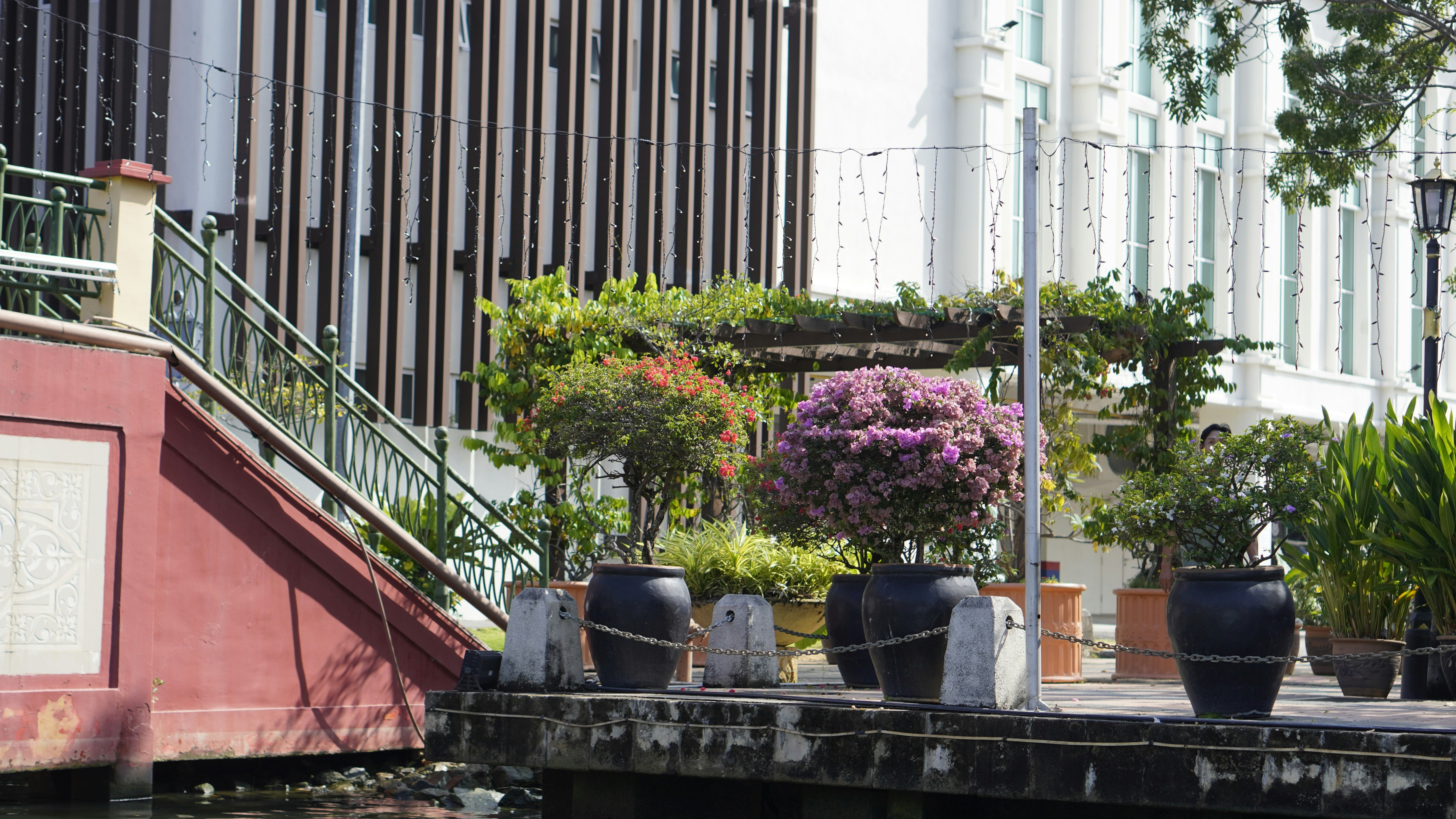 a group of vases sitting on top of a wooden dock